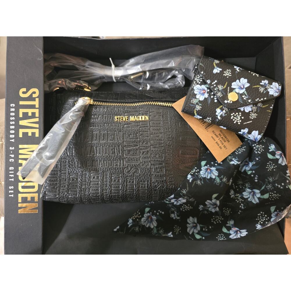 NEW Steve Madden 3Pc Crossbody Gift Set Purse Wallet Scarf Black Floral NWT